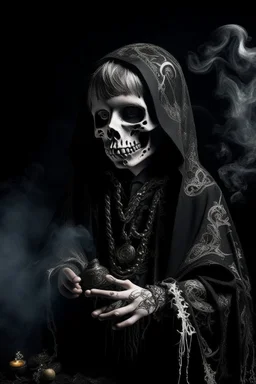 7 year old boy, necromancer, friendly, looks dead, surrounded by weird smoke with eyes, wearing black robes, in the style of Harry Clarke