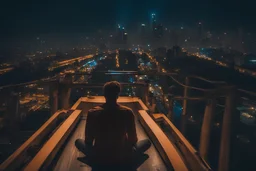 man sitting on top of shipping container on a monorail track high over a modern city at night dark cinematic