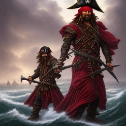 a pirate warrior in dark red armor, on his ship, a highly detailed illustration, background of giant crashing ocean waves, realistic render, 8 k, micro detail, intricate, elegant, centered, digital painting, Artstation, smooth, sharp focus, illustration, artgerm, tomasz alen kopera, peter mohrbacher, donato giancola, joseph christian leyendecker, wlop, boris vallejo