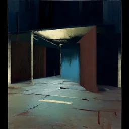 Minimal abstract oil paintings of a desolate concrete 1960s carpark. Road with distant Blurry lights. On the floor are concrete fragments and road markings . In the dark mysterious style of Justin Mortimer and Francis Bacon.