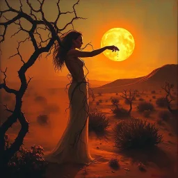 A dramatic surreal painting of a dusty desert mesa at twilight. A mysterious feminine figure emerges from the shadow of twisted creosote branches, her form entwined with thorny vines climbing slowly toward a blazing, boiling sun. Her skin is ethereal and dangerous; as a hand reaches to touch her, blood drips from the fingers. The atmosphere is haunting, poetic, and mythological. Use a painterly, cinematic style, with golden oranges, deep reds, dusty browns, and shimmering highlights. --v 7 --sty