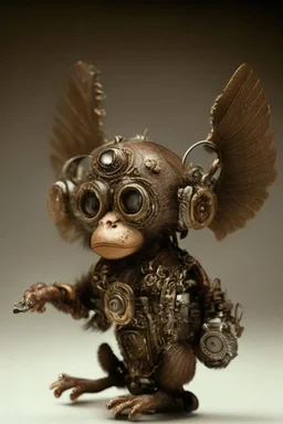 small cute steampunk mechanical monkey, made of metal with mechanical wings