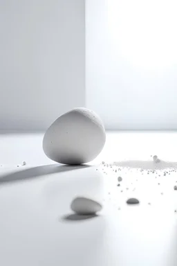 plain white floor, plain white background, one large gray stone in the foreground, small sparkles falling from above in the background