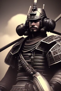 full portrait of techno samurai, high detail, volumetric lighting, tiny features, intricate detail, volumetric clouds