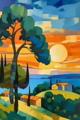 Sunset over south of France in the style of cezanne