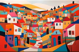 whimsical arafed nonsense, patchwork vibe, acrylic and ink painting of a cozy village main street on undulating hills with color (((minimal))) sketches of village people with (((extremely long limbs))), (((oversize head))), sharp color contrasts, amazing shadows, (((exaggerated limbs and head))), minimal cozy, warm palette, bright bold warm summer colors, color leak, sparse bright orange-red splinters, heavily distorted views, amazing parallels, amazing reflections