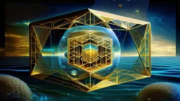 quantum Hypergeometry golden ratio maldelbrot supradimensional floating city over Jupiter ocean life creature intelligent tesseract