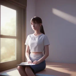 female student studying by the window, anime style, full body, cool face, unreal engine 5, cinema4d, sun light, studio lighting --ar 1:1 --v 4