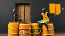 minimalist acrylic impasto painting of two skinny tall young black Somali neighbors sitting on rusty oil barrels drinking steaming coffee, wide angle, dynamic crude brush strokes, dusty yellow heat mood, peaceful vibe, tribal vibe, amazing reflections, amazing verticals, great parallels, warm shades of yellow, orange, green and black with sparse deep red leaks, afrofuturism, vibrant nighthawk people on a black wall, rusty village decay, arafed doors