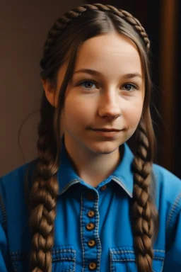 A girl with brown hair in two braids with brown eyes and a blue jumpsuit with a white shirt underneath