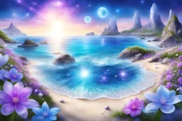 enchanted cosmic landscape in spring with bright little flowers and little gems and crystals with a crystalline sea and beach
