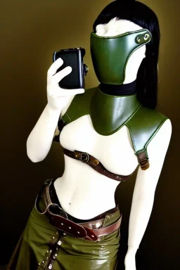 Steam-punk style random-mask. Large fencing mask covers cheeks. Brainless girls. Reflective surface on face, full coverage, reflective. Camera lenses as eyes. Head full of integrated old-fashioned phones. Army green surfaces body, latex. Perfect body, thick thighs and calves. Asa Akira. SElfie with ancient camera. Wide hip, skirt bleats nicely. Partly symmetrical. Straitjacket. Steam-plunge-air-bottles-chin. Euclidean 3D-tiling walls. surrealistic atmosphere