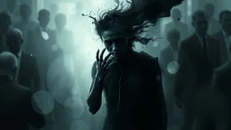 Abstract surreal scene of a human soul in conflict a caracter dissolving into shadows and fog, body torn into shards of light and darkness. Shapes twist and melt like oil paint, forming ghostly hands and distorted faces emerging from the fog. The background is a blur of noise, chaotic patterns and faceless crowds, symbolizing the indifferent outside world. A haunting, dreamlike composition that captures isolation, inner demons, struggle of anxiety. surreal, atmospheric