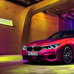 Bmw, parking sous-terrain, fleur, chrome,concept art, synthwave, couleurs vive