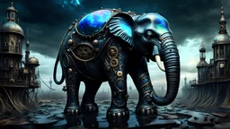 A gritty, full-body shot of an insatiably evil black opal iridescent pearlescent dark steampunk elephant in a surreal landscape, with sharp ivory teeth, macabre, Dariusz Zawadzki art style, liminal spaces, horror art, dark gaming background, wet, glossy, horror art, trypophobia, eerie, intricate details, HDR, beautifully shot, hyperrealistic, sharp focus, back lit, 64 megapixels, perfect composition, high contrast, cinematic