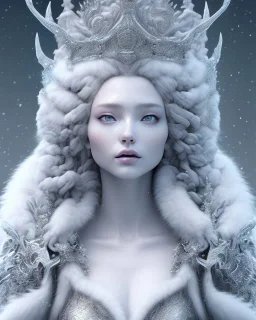 gorgeous goddess of winter wearing an elaborate ice crown with a beautiful gray wolf, 8k resolution, centered, high-quality, fine-detail, iridescent, intricate, digital art, detailed matte, volumetric lighting, beautiful, illustration, 3D octane render, margaret weiss, brian froud, howard lyon, selina french, anna dittmann, annie stokes, lisa parker, greg rutowski,