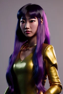 Young asian woman, barbarian character, purple hair, gold eyes, long hair gold jewelry, leather, vibrant color, highly detailed, art stations, concept art, smooth, unreal engine 5, god rays, ray tracing, RTX, lumen lighting, ultra detail, volumetric lighting, 3d, finely drawn, high definition, high resolution.