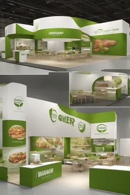 Corner green exhibition stand of a food company with product displays and a meeting area