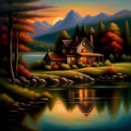 An exquisite oil painting capturing a dreamlike paradise, with a charming little farmhouse nestled by a calm lake. The farmhouse, with its rustic appeal, contrasts against the serene water, surrounded by a lush, verdant forest and rolling hills. The background unfolds into a dramatic landscape, featuring towering mountains and a stunning sunset sky that casts warm, vibrant hues across the scene. The artist's mastery is evident in the seamless blend of traditional oil painting techniques with the