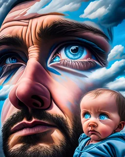 Papá con su bebé levantado al cielo y mirándolo a los ojos felíz colores contrastantes obra de arte arte callejero impactante detallado hiperrealista 8k