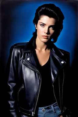 head and shoulders portrait -- dark brown wood panel background with an overhead spotlight effect, 18-year-old girl Wendy Breeze, Resembles Elvis Presley, with Black hair, blue eyes, perfect stacked body, head and shoulders portrait, wearing a black leather jacket, cut off t-shirt, full color -- Absolute Reality v6, Absolute reality, Realism Engine XL - v1