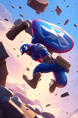 Create a picture of captain america falling from the skye to a pit animated like fortnite