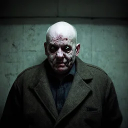 very grainy discolored photo, portrait, dark sewer with no light, grunge, 2000s Russia, punk, outcast, rough, confident, bald older male wearing a coat, extremely pale skin, large flesh bulbs grow out of his face and covering a lot of it, face is disproportionally deformed, hunchback, sewer dweller