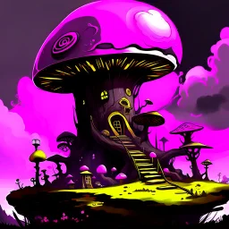 A fantabulous black, lemon, and pink (((mushroom tower house))) erected atop a (geologic pillar), surrounded by the uncanny imaginative ((( swirling skies))), offset by the stark hues of a (neon-tinged nebulous space scape), within. captured by the hand a skilled master painter with a focus on (softly blurred compositions and voluminous lighting).