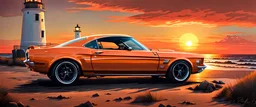 1970s BOSS 302 orange mustang in coastal, sunset, lighthouse, painting style, dramatic lighting