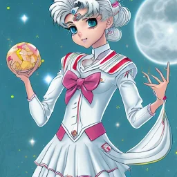 sailor moon con pelo largo i rubio, con traje blanco