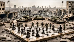 Israeli soldiers and tanks stand on a very large chessboard in the middle of a destroyed city