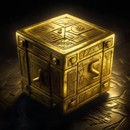 Create an image of old brass cube with strange runes