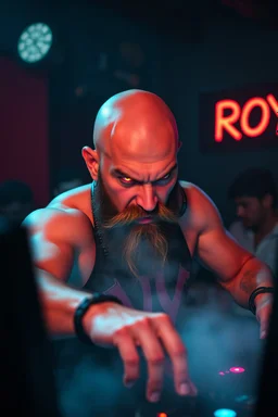 An "angry DJ" performing at dance club, his name is "Roy" Very hard looking with bald and beard, angry and intensiv staring, Glowing red eyes, Neon lights and smog, "DJ ROY" big sign on the wall