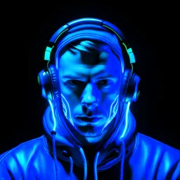 front face, man, headphones, mouth mask, Neon blue