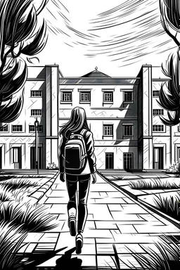 Do a drawing in black and white of the girl walking depressed in the campus towards dormitary
