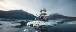 airbrush 3d rendering, frontal close up perspective chrome centipede lobster ship on small frozen island in lake, pinhole cam, background motion blur