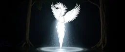 radiant white feather light mirror bounce ancient angelic wooden treant Robot by dark fountain,sonoluminessence