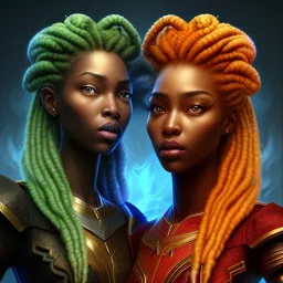 3D. Detailed Painting .realistic. Dark skin women. Beautiful. the faces of two young black women. Warm. Fire nymphs emerging from the flames.red.. Energy. Focus. THeir hair looks like smoke .smoke curling. Dreadlocs. Their skin is the colour of charcoal . Their hair moves like smoke. . their clothing is made of flames, red. Orange. Yellow. White and gold