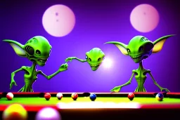 4 aliens doing seperate things. one is making tea. one is watching television. one is playing pool. one is on the phone