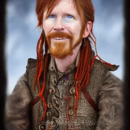 Portrait of Courtney Gains as a ruggedly handsome but joyful roguish pirate, charismatic, attractive male, masculine, perfect, precisely detailed, lightly freckled face, highly detailed clear blue eyes, meticulously detailed multi-hued ginger carrot colored cherry fire red hair; Malachai of the corn; fantasy, intricate, elegant, highly detailed, digital painting, artstation, concept art, matte, sharp focus, illustration, art by artgerm and greg rutkowski and alphonse mucha