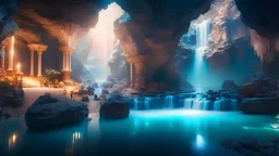 Gorgeous huge ancient underground city in luminescent cave wet stone waterfall