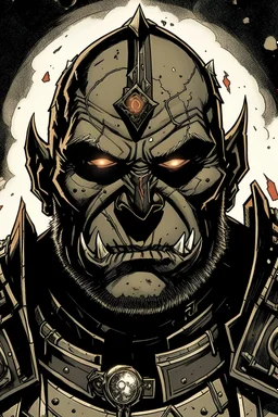 A great Orc with light-ash-colored skin and red eyes. He wears black armor. Over his head he wears a crown made of fire. Absolutely he has no horns. In the image you must see at least half a bust. It must be comic-book style.