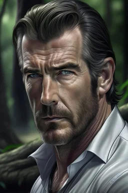 Portait young pierce brosnan as fantasy alpha werewolf in human form very muscular short cropped dark hair and stubble on chin, tribal tattoos wearing white button up shirt with rolled up sleeves realistic face, close-up, dark fantasy, fantasy forest, intricate details, hyper detailed, photograph