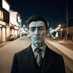 very grainy discolored modern photo, closeup portrait, dark night street, grunge, male with chalk-white skin, 1910's costume