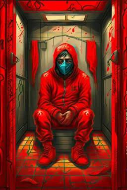 A scary gothic person sits quietly in the middle of a soundproof, padded room conveying intense dramatic emotions in a muted environment, wearing a bright red straitjacket , a mask to cover the mouth area of cannibal evil scary, dark and gothic look, cold eyes, eary ultra detailed,.32k, digital art style with messy paint, hardened sealer appearance, impasto, dramatic Arial view with explosive chaotic background