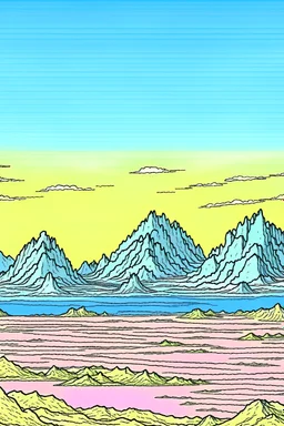 mountains in the distance in the style of Moebius
