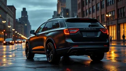 "Design a 2024 Chrysler 300C SUV concept, blending the elegance of the sedan with a rugged SUV form. Feature a bold front grille, aggressive headlights, and muscular body lines. The SUV should have a slightly lowered stance, blacked-out wheels, and a matte black finish with chrome accents. Set it in a dusk cityscape with wet streets reflecting the lights, highlighting its powerful and luxurious presence, rear view