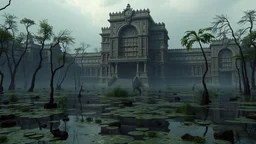 In the midst of a murky swamp, a hyperreal library stands tall, its grand architecture and detailed renderings a stark contrast to its surroundings.