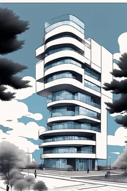 Dibujo arquitectónico de un edificio de cinco pisos, moderno, diseñado aplicando la proporción, estilo minimalista futurista, calidad ultra, gente, árboles, colores contrastantes, cielo con nubes pequeñas, 64k