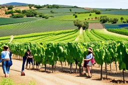 turistas en viñedo de Rioja, España. Fotografía con cámara Canon y objetivo 50 mm